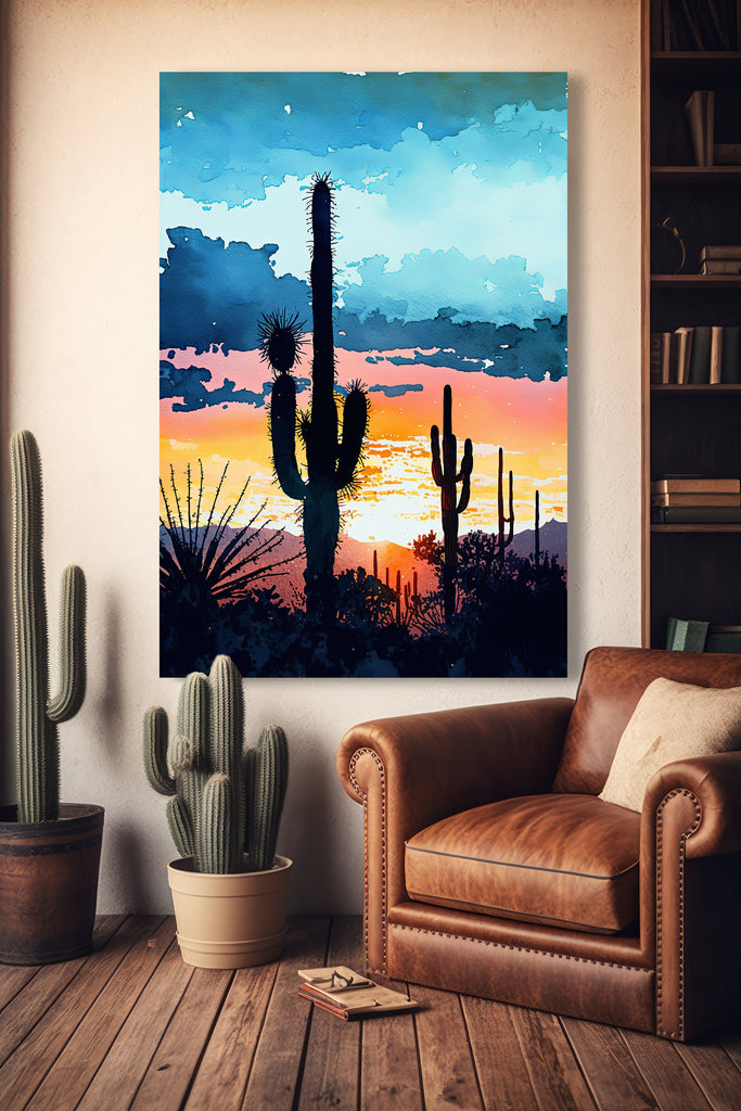 Desert Sunset Print Colorful Watercolor Wall Art Southwest Landscape Gift Saguaro Cactus Beautiful Nature Home Decor