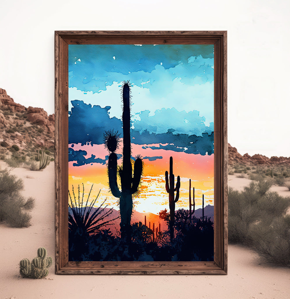 Desert Sunset Print Colorful Watercolor Wall Art Southwest Landscape Gift Saguaro Cactus Beautiful Nature Home Decor