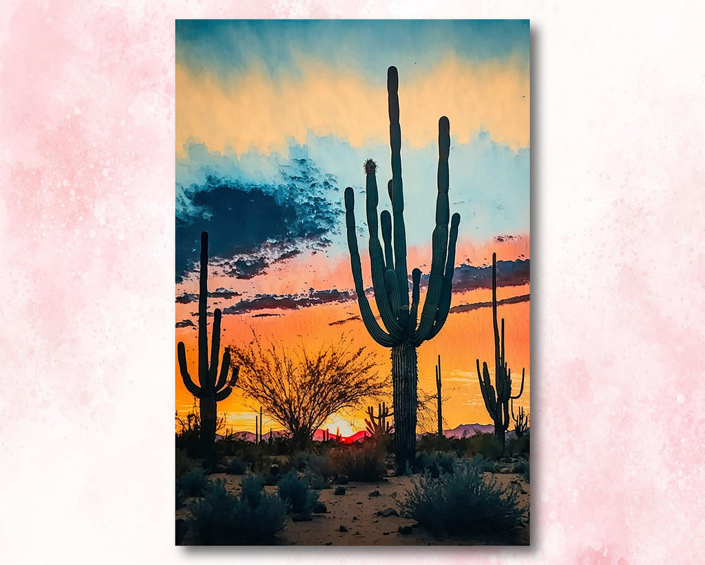 Desert Sunset Print Colorful Watercolor Wall Art Southwest Landscape Gift Saguaro Cactus Beautiful Nature Home Decor