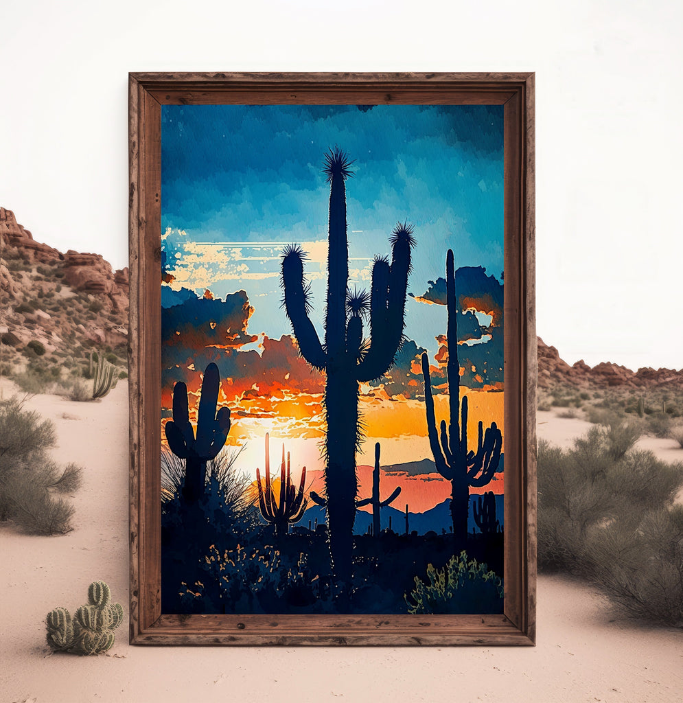 Desert Sunset Print Colorful Watercolor Wall Art Southwest Landscape Gift Saguaro Cactus Beautiful Nature Home Decor