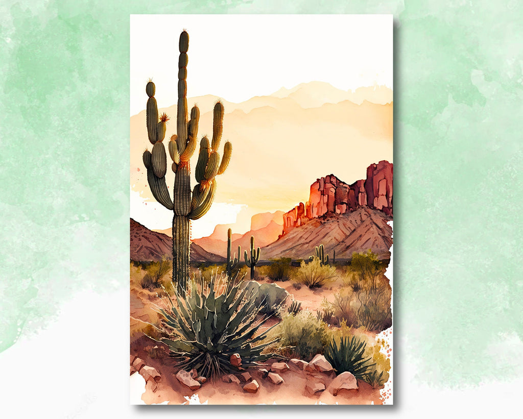 Desert Sunset Print Colorful Watercolor Wall Art Southwest Landscape Gift Saguaro Cactus Beautiful Nature Home Decor