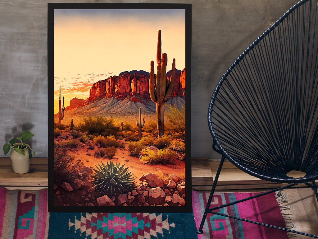 Desert Sunset Print Colorful Watercolor Superstition Mountains Wall Art Southwest Landscape Gift Saguaro Cactus Beautiful Nature Home Decor