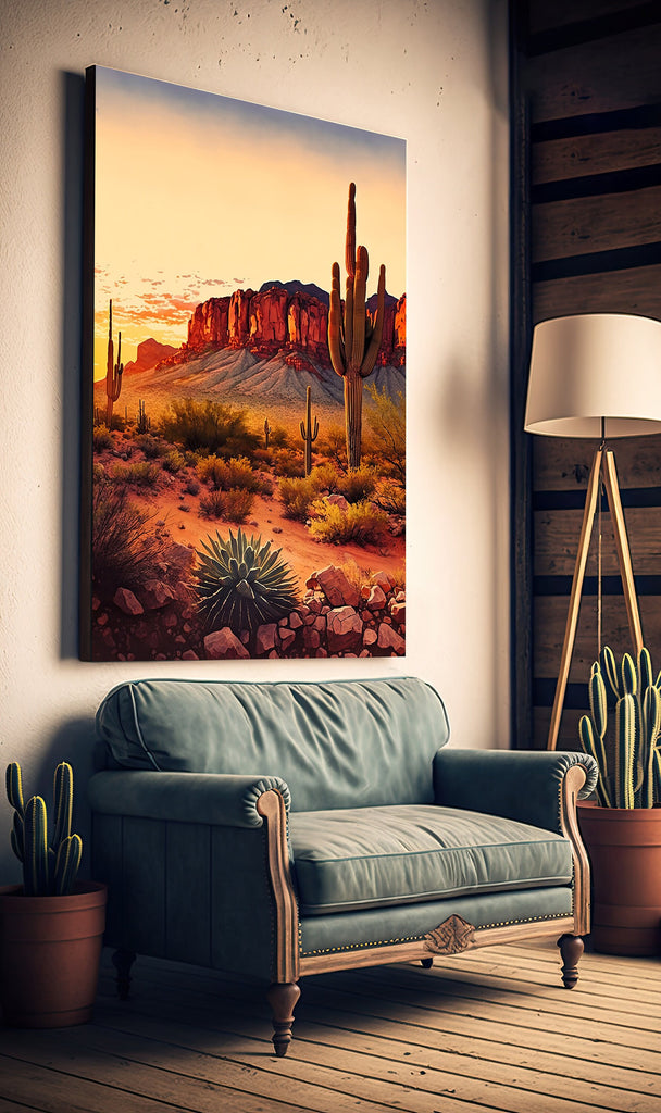 Desert Sunset Print Colorful Watercolor Superstition Mountains Wall Art Southwest Landscape Gift Saguaro Cactus Beautiful Nature Home Decor