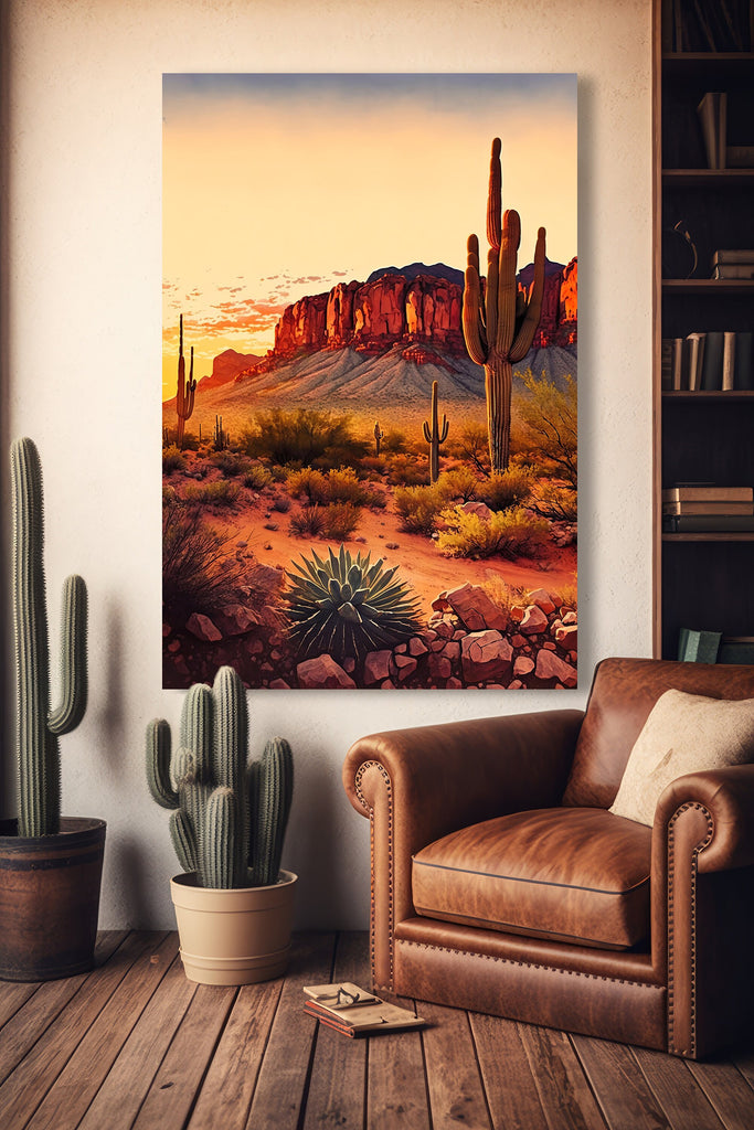 Desert Sunset Print Colorful Watercolor Superstition Mountains Wall Art Southwest Landscape Gift Saguaro Cactus Beautiful Nature Home Decor