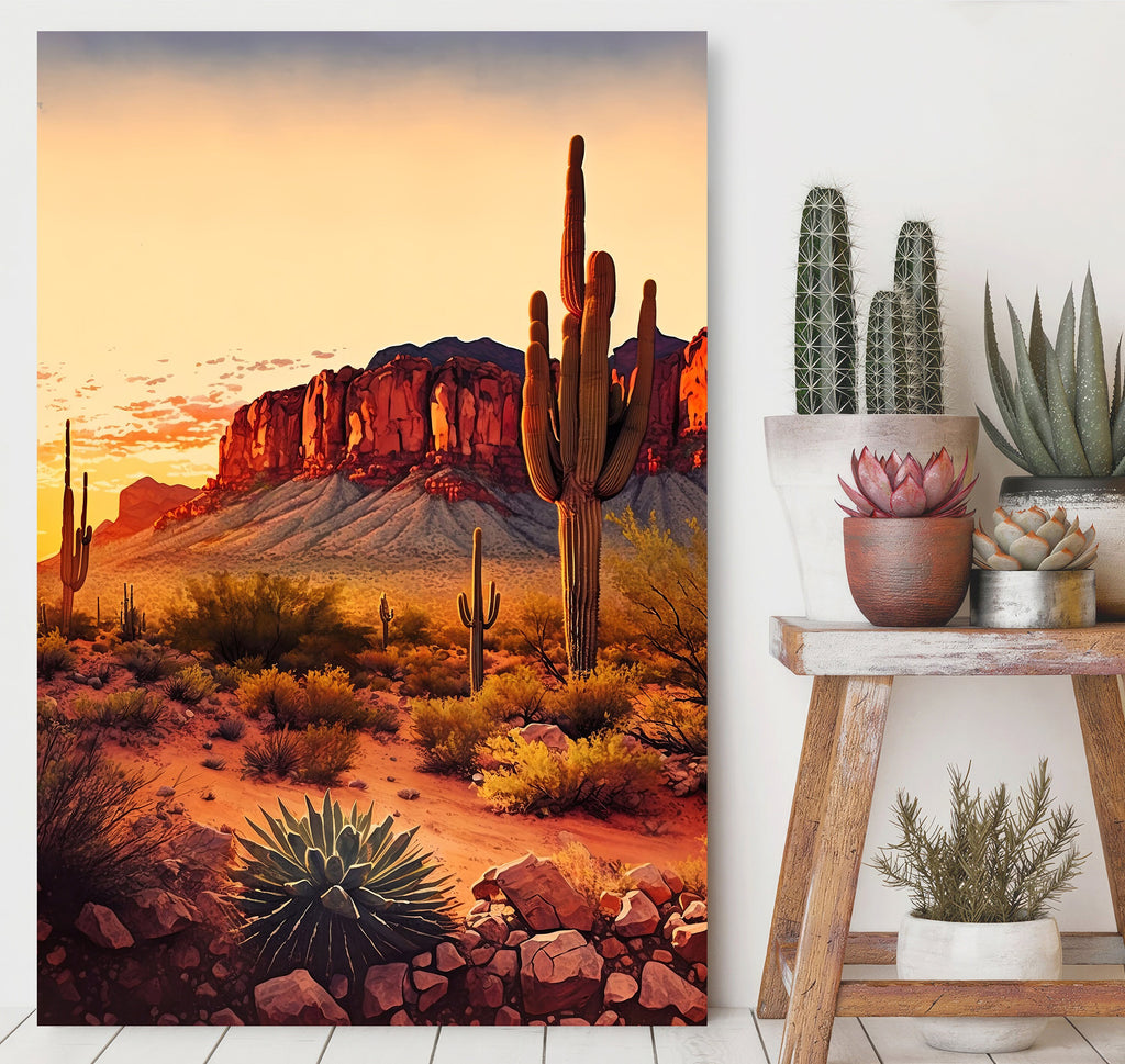 Desert Sunset Print Colorful Watercolor Superstition Mountains Wall Art Southwest Landscape Gift Saguaro Cactus Beautiful Nature Home Decor