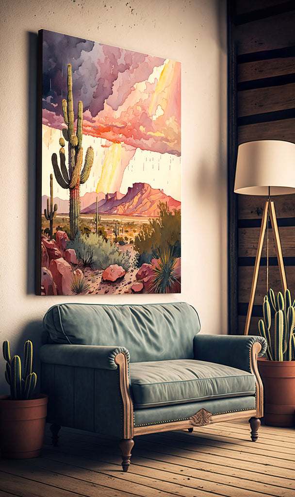 Desert Landscape Print Colorful Rainy Watercolor Wall Art Southwest Gift Saguaro Cactus Beautiful Nature Home Decor