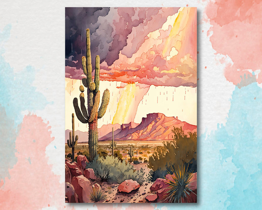 Desert Landscape Print Colorful Rainy Watercolor Wall Art Southwest Gift Saguaro Cactus Beautiful Nature Home Decor