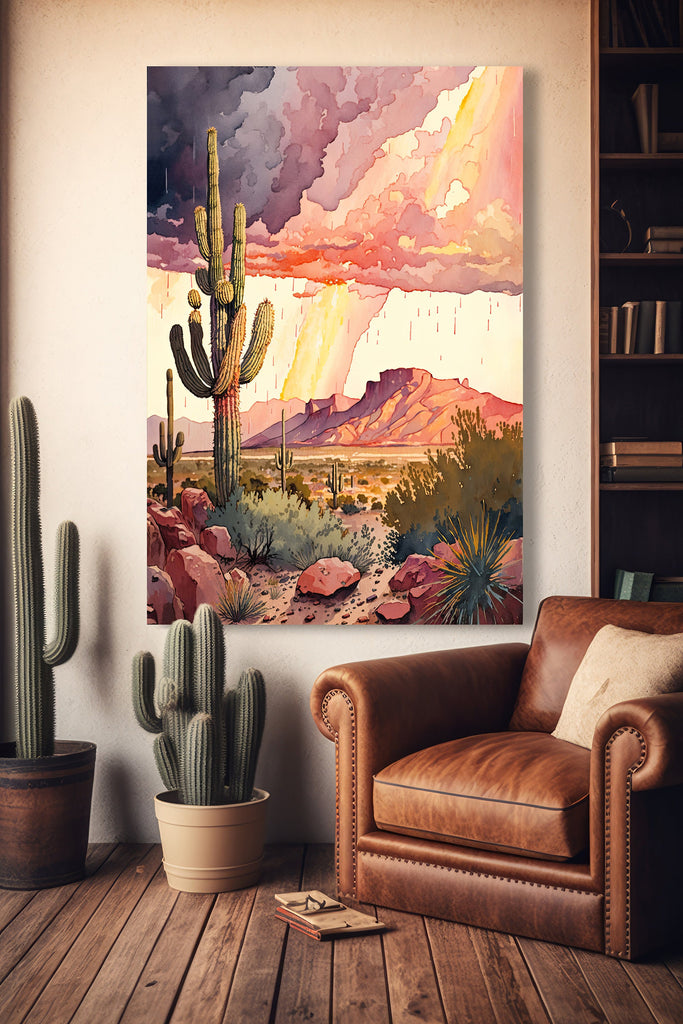 Desert Landscape Print Colorful Rainy Watercolor Wall Art Southwest Gift Saguaro Cactus Beautiful Nature Home Decor