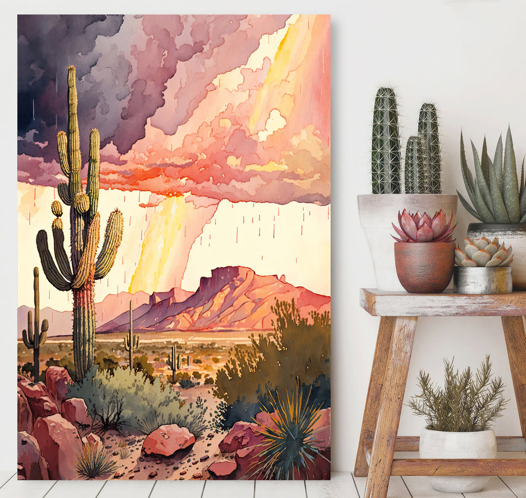 Desert Landscape Print Colorful Rainy Watercolor Wall Art Southwest Gift Saguaro Cactus Beautiful Nature Home Decor