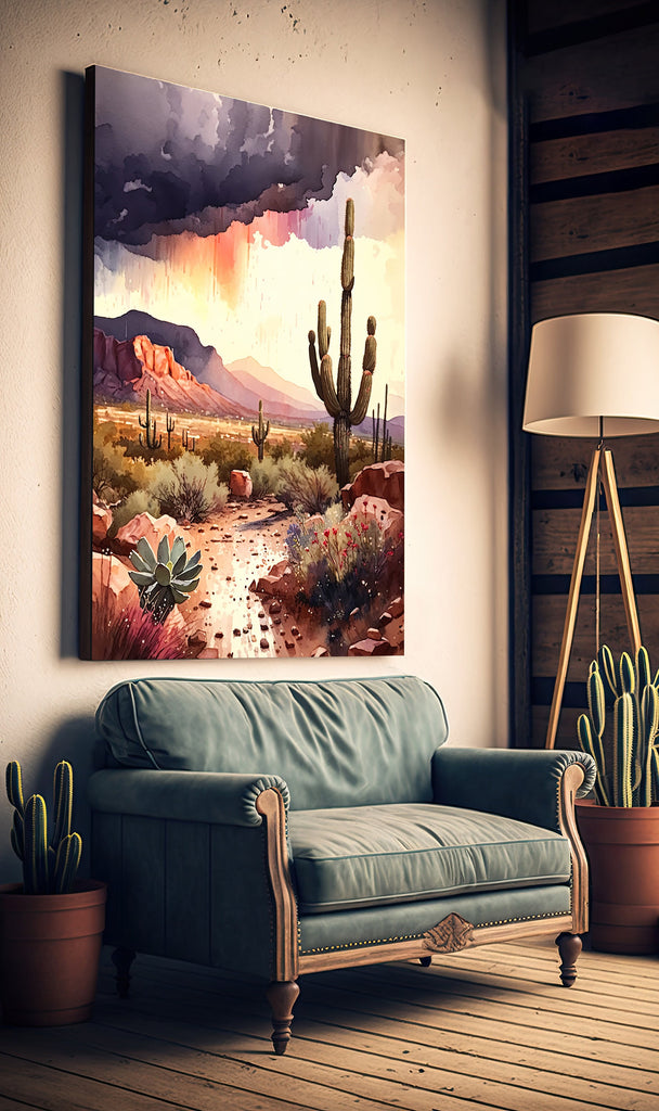 Desert Landscape Print Colorful Rainy Watercolor Wall Art Southwest Gift Saguaro Cactus Beautiful Nature Home Decor