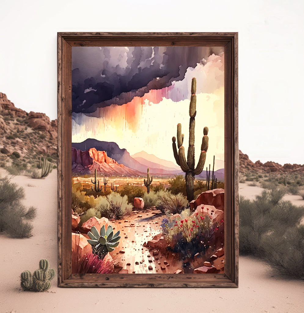 Desert Landscape Print Colorful Rainy Watercolor Wall Art Southwest Gift Saguaro Cactus Beautiful Nature Home Decor