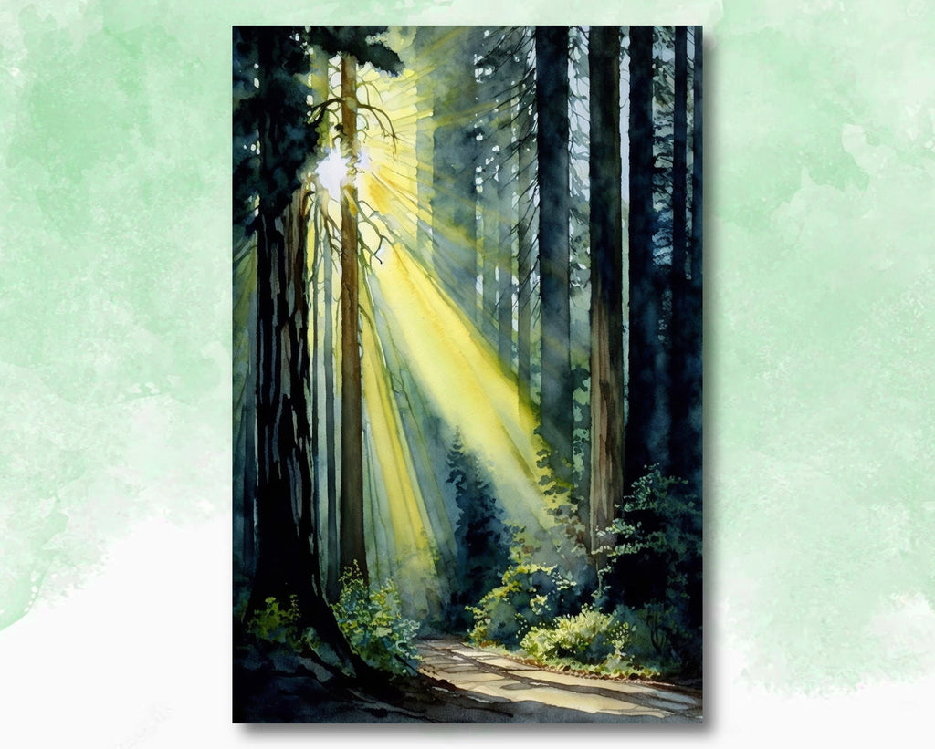 Redwood Tree Forest California Print Sequoia National Park Wall Art Landscape Watercolor Painting Gift Rustic Woodland Home Decor