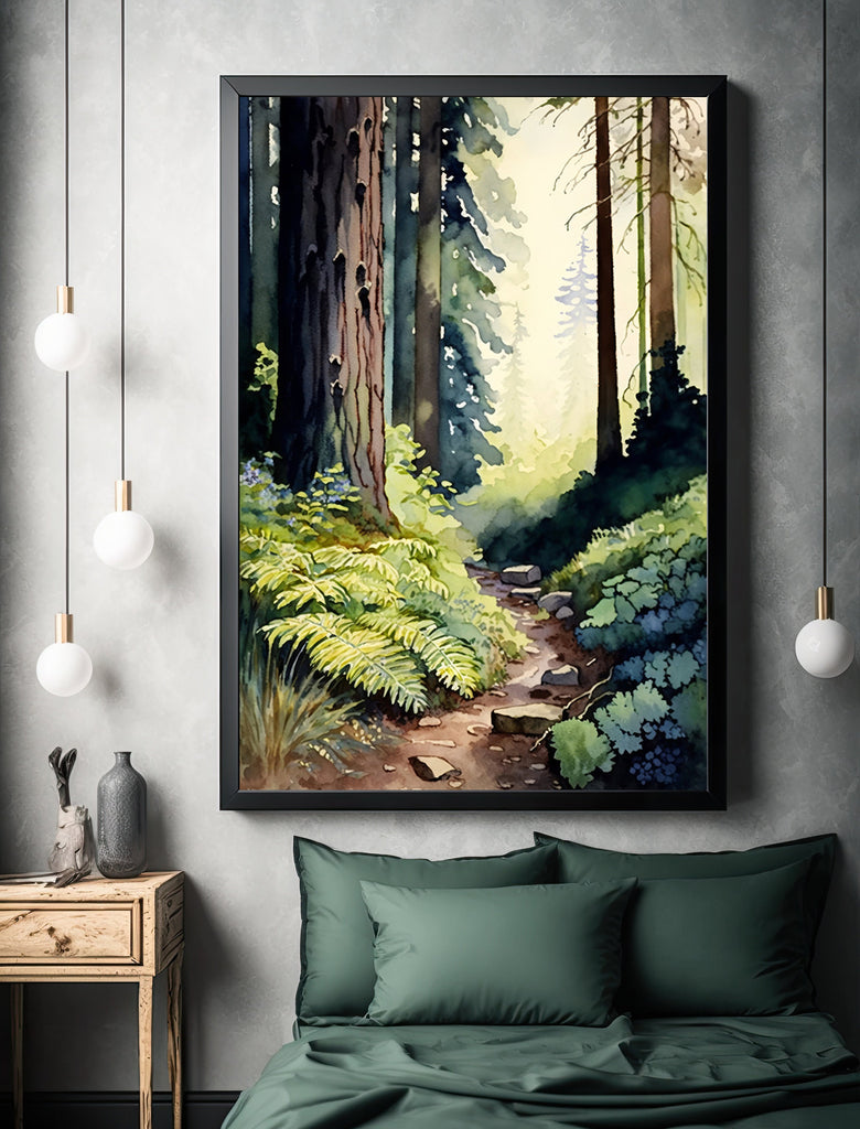 Redwood Tree Forest California Print Sequoia National Park Wall Art Landscape Watercolor Painting Gift Rustic Woodland Home Decor