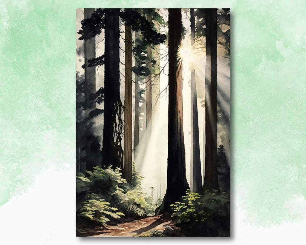 Redwood Tree Forest California Print Sequoia National Park Wall Art Landscape Watercolor Painting Gift Rustic Woodland Home Decor