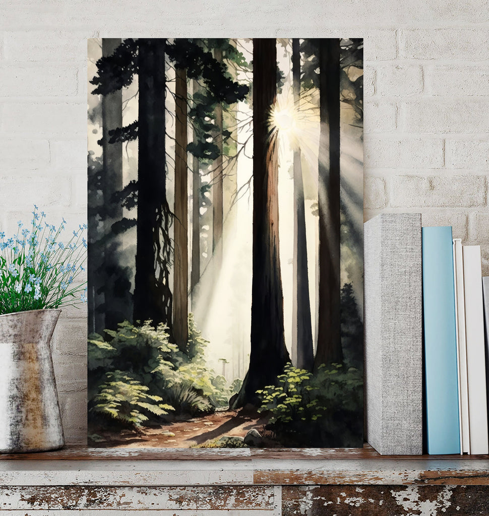 Redwood Tree Forest California Print Sequoia National Park Wall Art Landscape Watercolor Painting Gift Rustic Woodland Home Decor