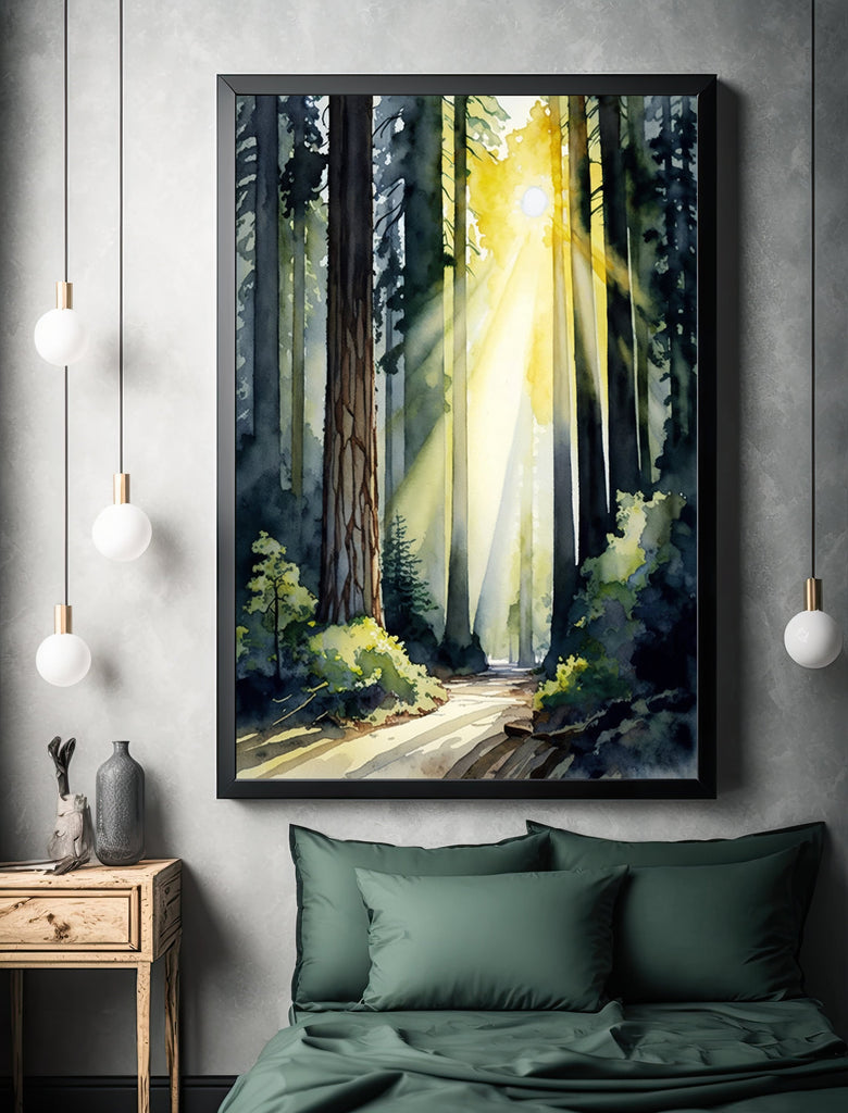 Redwood Tree Forest California Print Sequoia National Park Wall Art Landscape Watercolor Painting Gift Rustic Woodland Home Decor