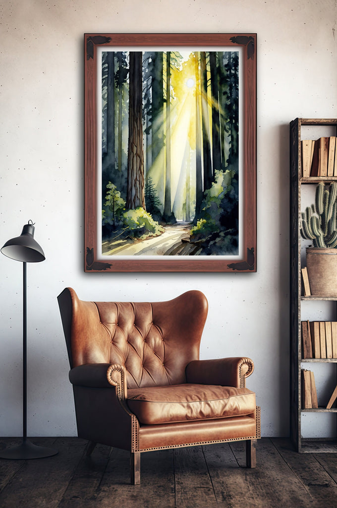 Redwood Tree Forest California Print Sequoia National Park Wall Art Landscape Watercolor Painting Gift Rustic Woodland Home Decor