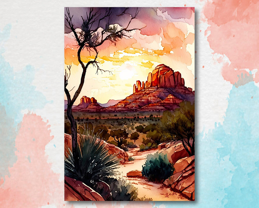 Watercolor Sedona Arizona Sunset Art Print Southwest Wall Art Landscape Gift Desert Home Western Decor