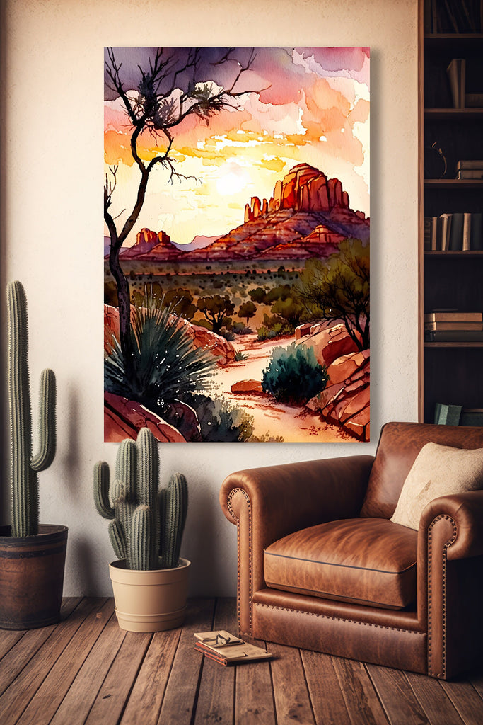 Watercolor Sedona Arizona Sunset Art Print Southwest Wall Art Landscape Gift Desert Home Western Decor