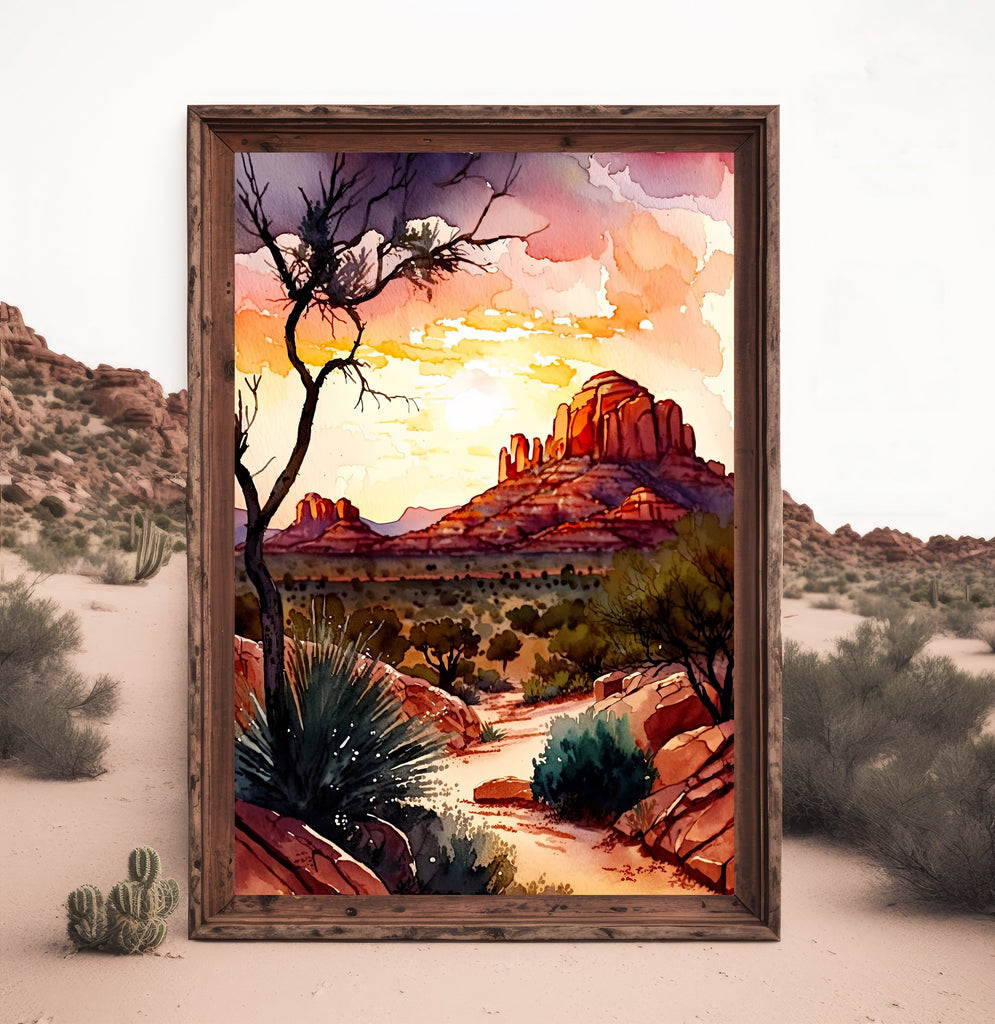 Watercolor Sedona Arizona Sunset Art Print Southwest Wall Art Landscape Gift Desert Home Western Decor