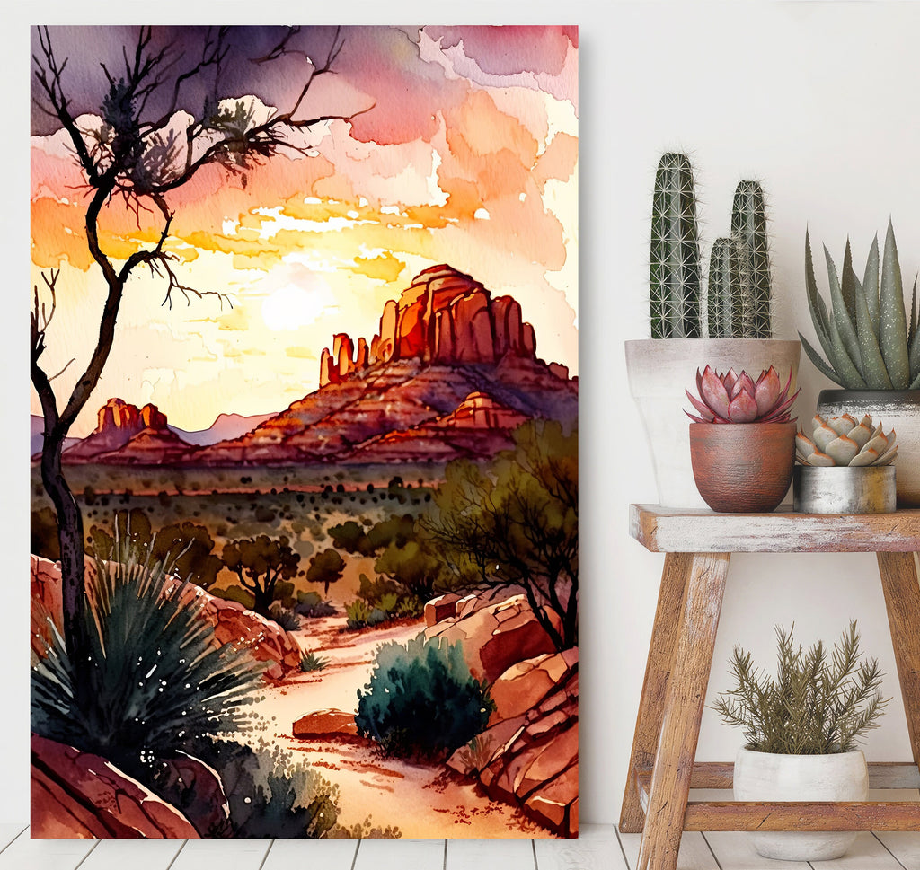 Watercolor Sedona Arizona Sunset Art Print Southwest Wall Art Landscape Gift Desert Home Western Decor