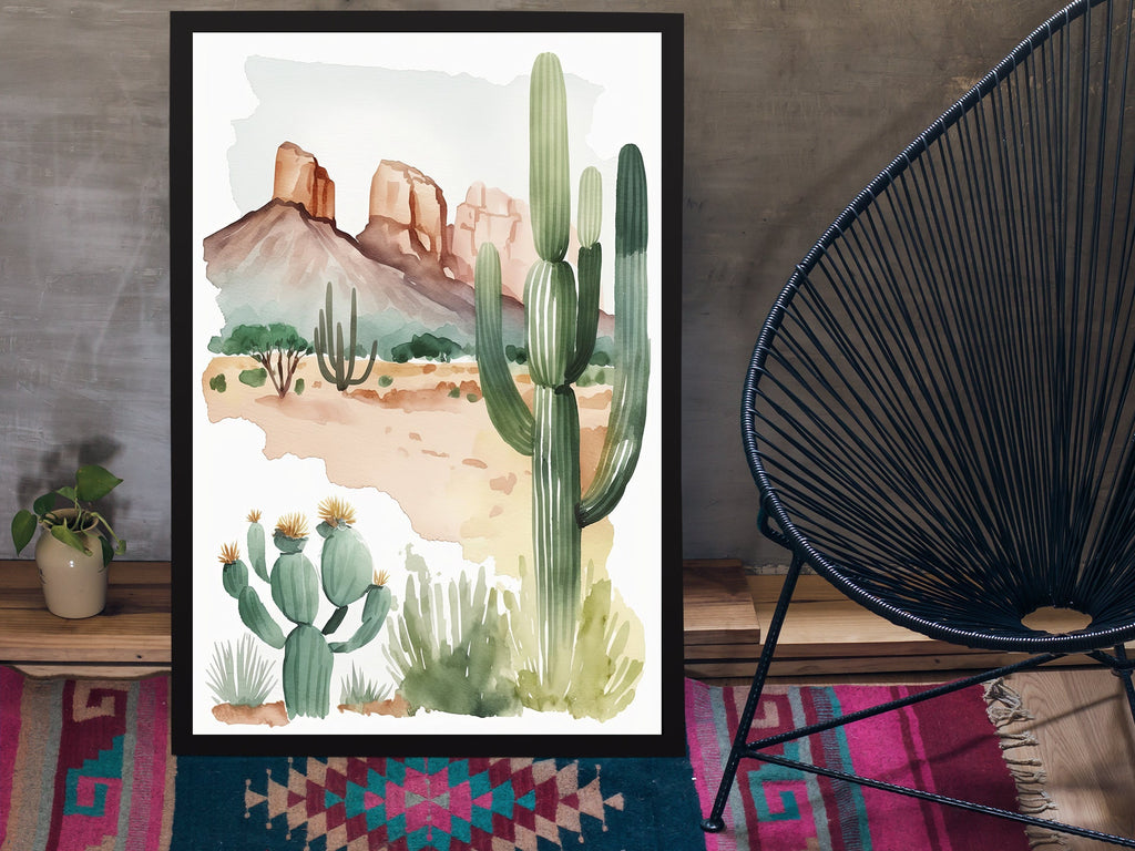 Minimalist Sonoran Desert Cactus Wall Art Southwest Nature Inspired Watercolor Print Western Boho Decor Southwestern Landscape Painting Gift