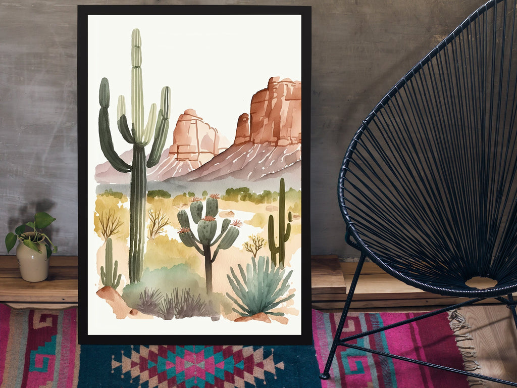 Minimalist Sonoran Desert Cactus Wall Art Southwest Nature Inspired Watercolor Print Western Boho Decor Southwestern Landscape Painting Gift