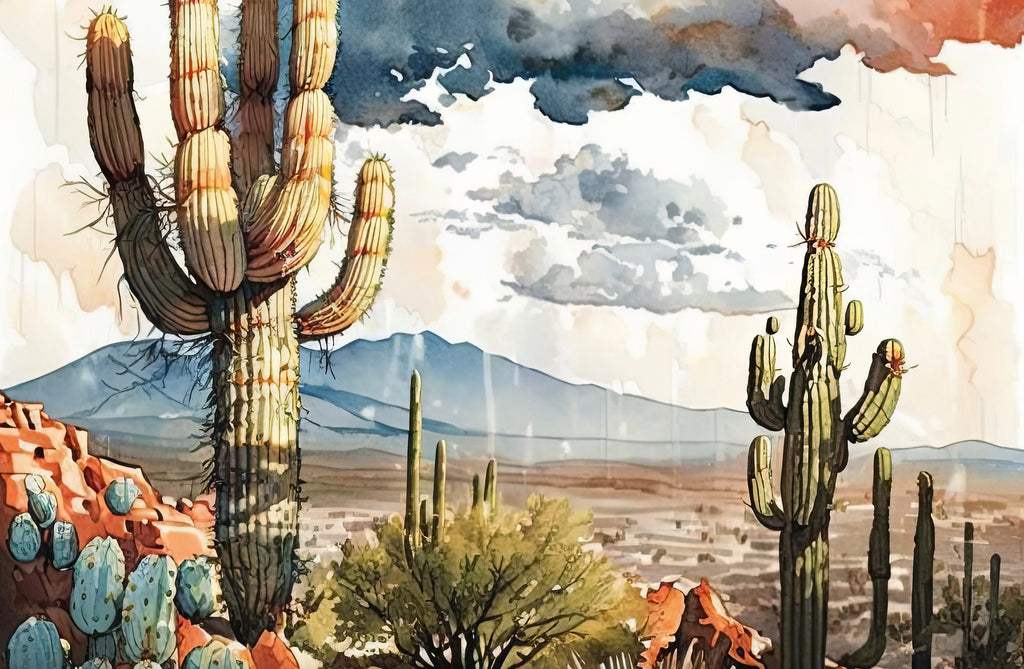 Desert Landscape Print Colorful Watercolor Wall Art Rainy Southwest Gift Saguaro Cactus Beautiful Nature Home Decor