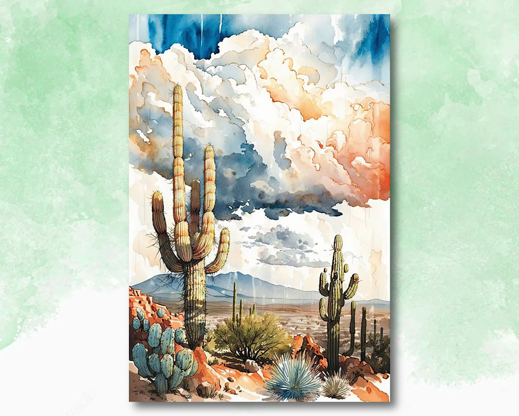 Desert Landscape Print Colorful Watercolor Wall Art Rainy Southwest Gift Saguaro Cactus Beautiful Nature Home Decor