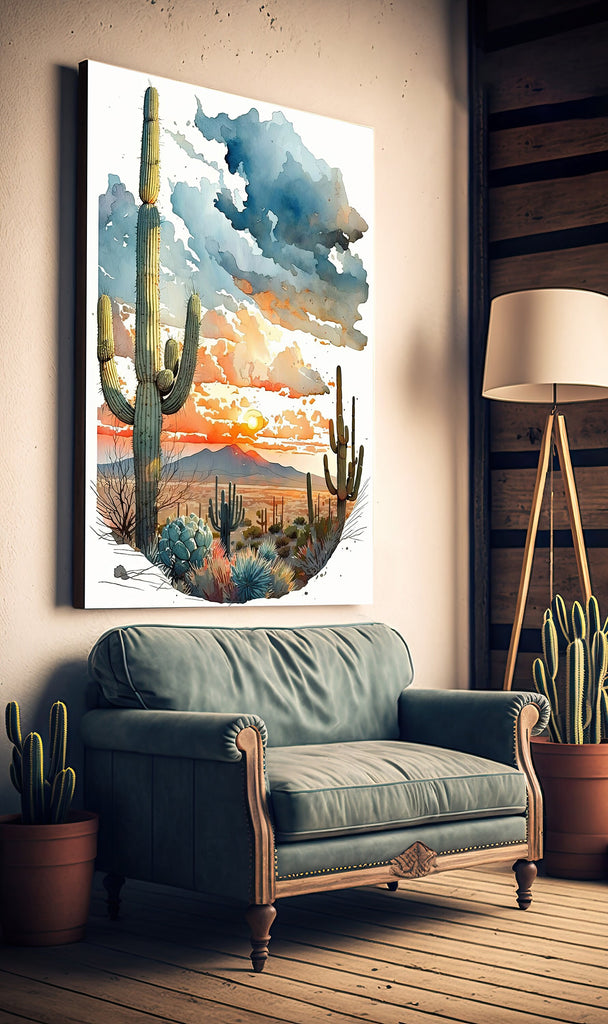 Desert Sunset Print Colorful Watercolor Wall Art Southwest Landscape Gift Saguaro Cactus Beautiful Nature Home Decor