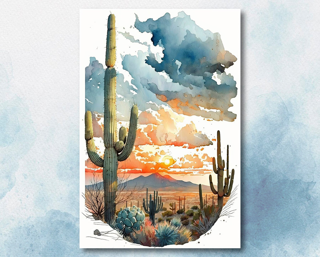 Desert Sunset Print Colorful Watercolor Wall Art Southwest Landscape Gift Saguaro Cactus Beautiful Nature Home Decor