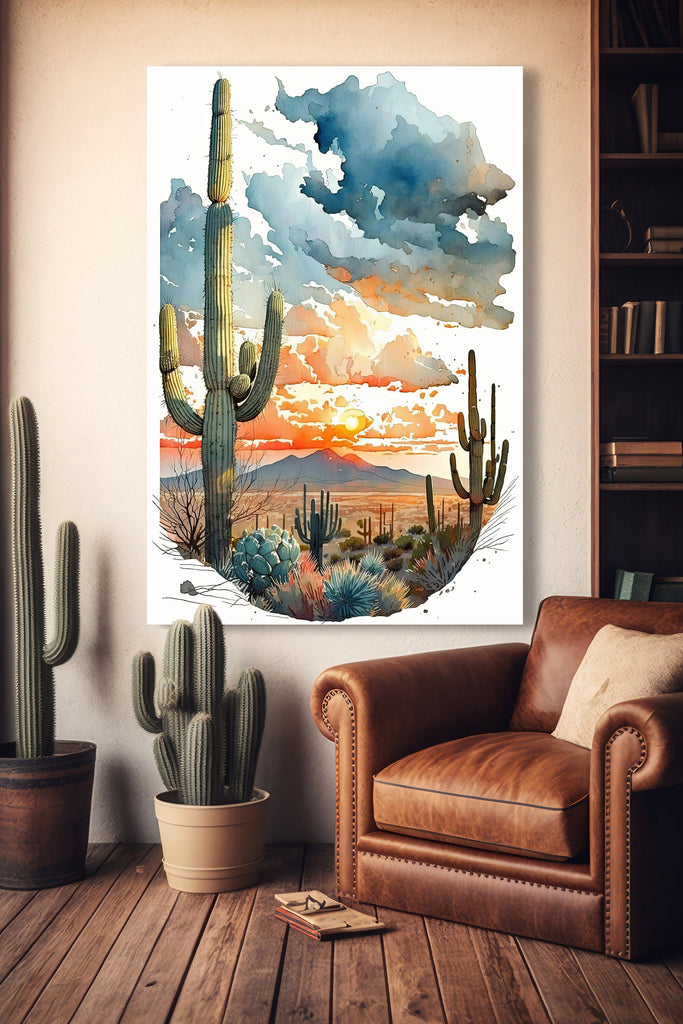 Desert Sunset Print Colorful Watercolor Wall Art Southwest Landscape Gift Saguaro Cactus Beautiful Nature Home Decor