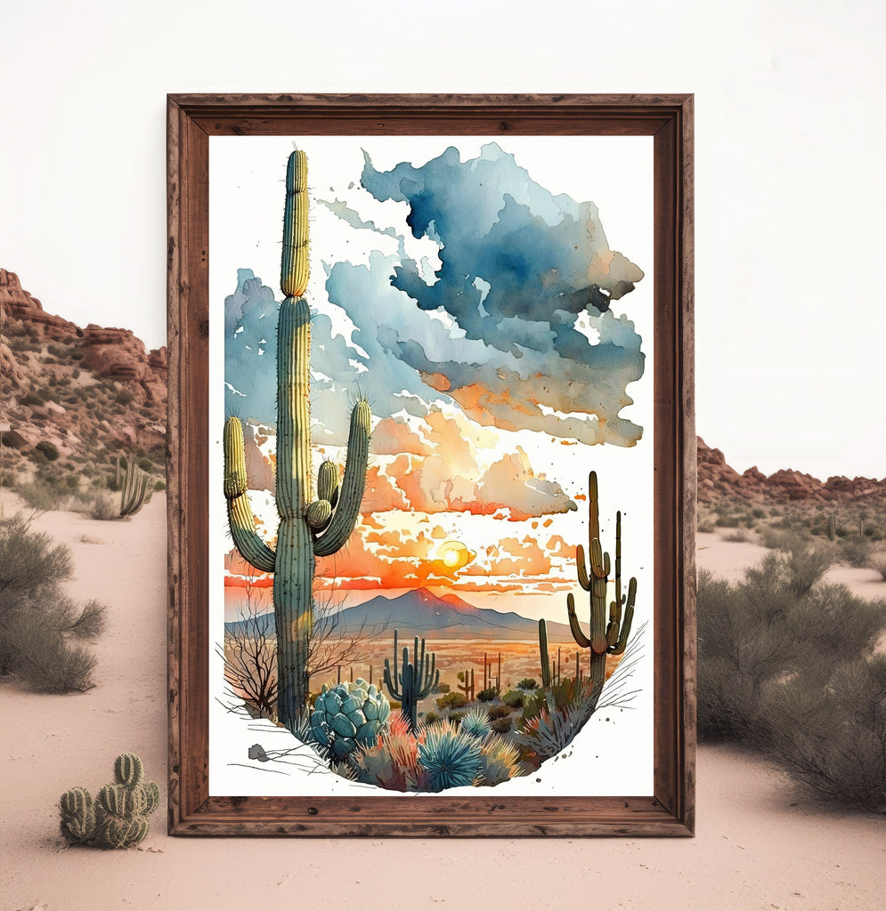 Desert Sunset Print Colorful Watercolor Wall Art Southwest Landscape Gift Saguaro Cactus Beautiful Nature Home Decor