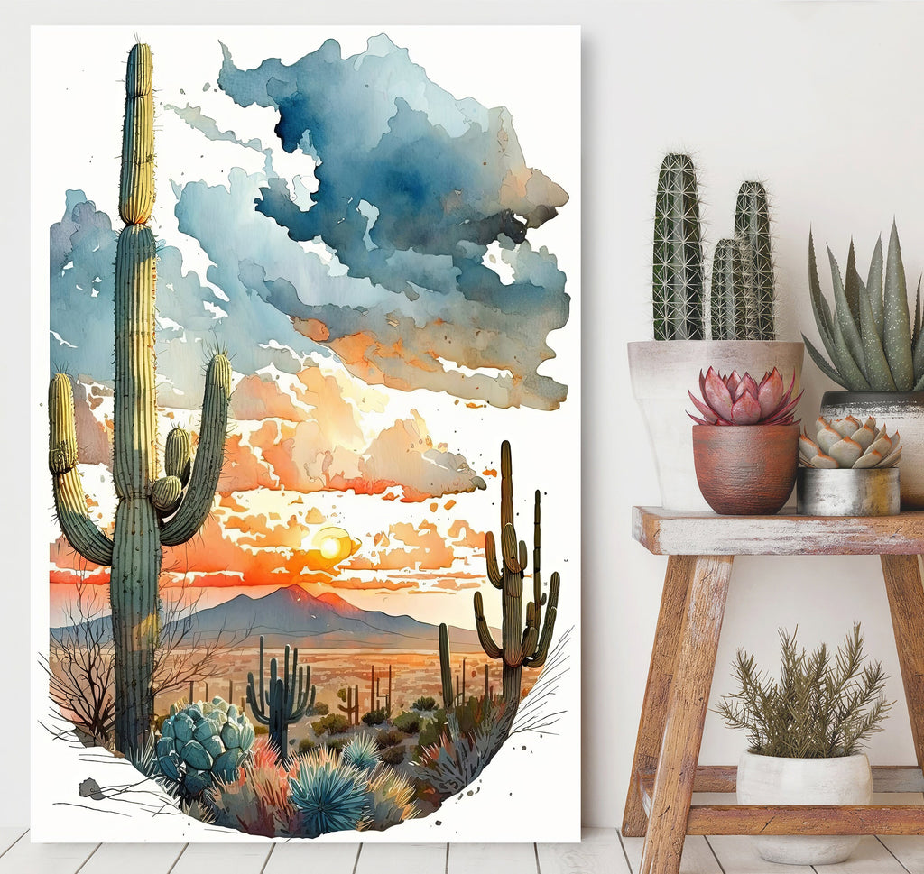 Desert Sunset Print Colorful Watercolor Wall Art Southwest Landscape Gift Saguaro Cactus Beautiful Nature Home Decor