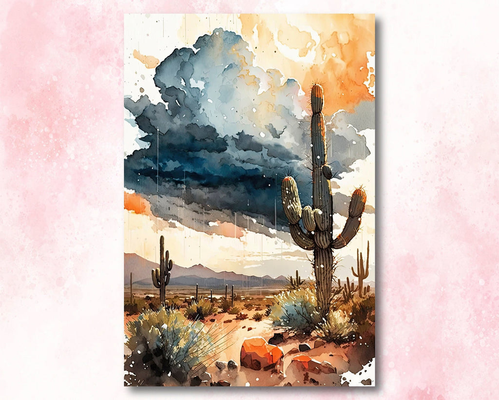 Desert Landscape Print Colorful Rainy Watercolor Wall Art Southwest Gift Saguaro Cactus Beautiful Nature Home Decor