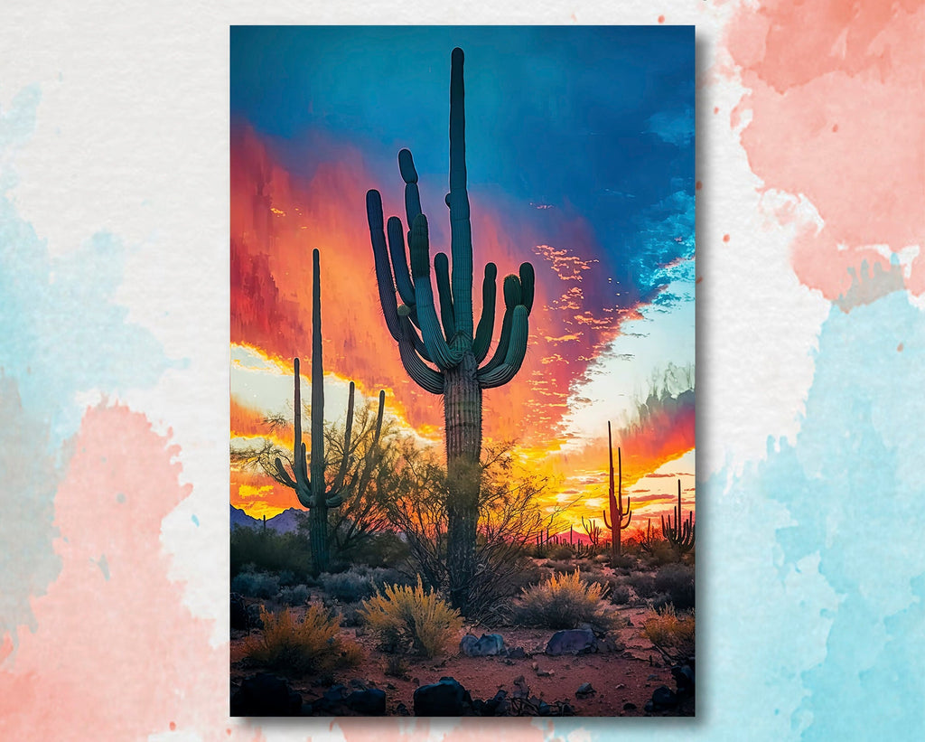 Desert Sunset Print Colorful Watercolor Wall Art Southwest Landscape Gift Saguaro Cactus Beautiful Nature Home Decor