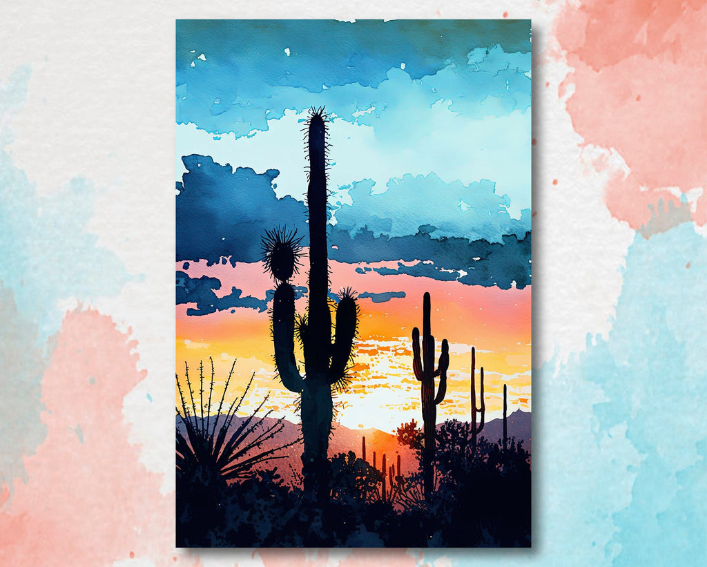 Desert Sunset Print Colorful Watercolor Wall Art Southwest Landscape Gift Saguaro Cactus Beautiful Nature Home Decor