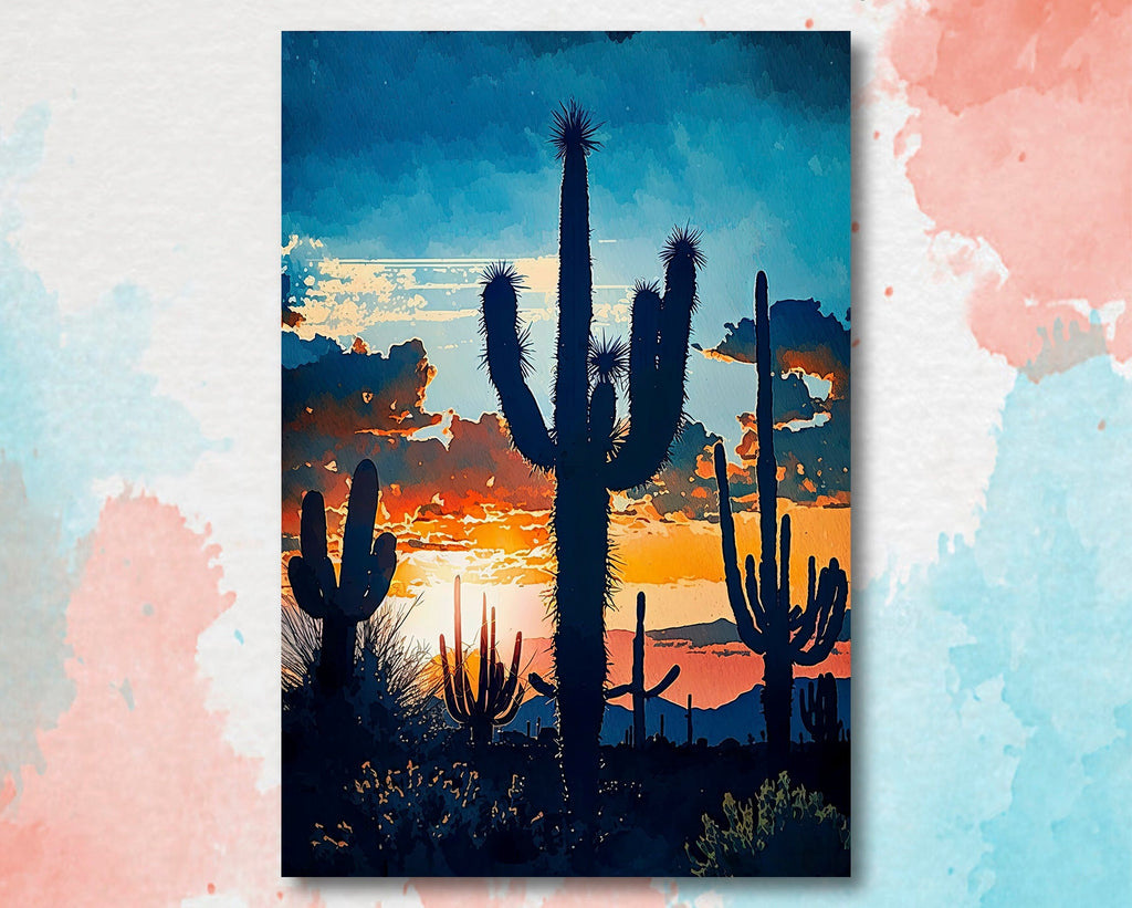 Desert Sunset Print Colorful Watercolor Wall Art Southwest Landscape Gift Saguaro Cactus Beautiful Nature Home Decor