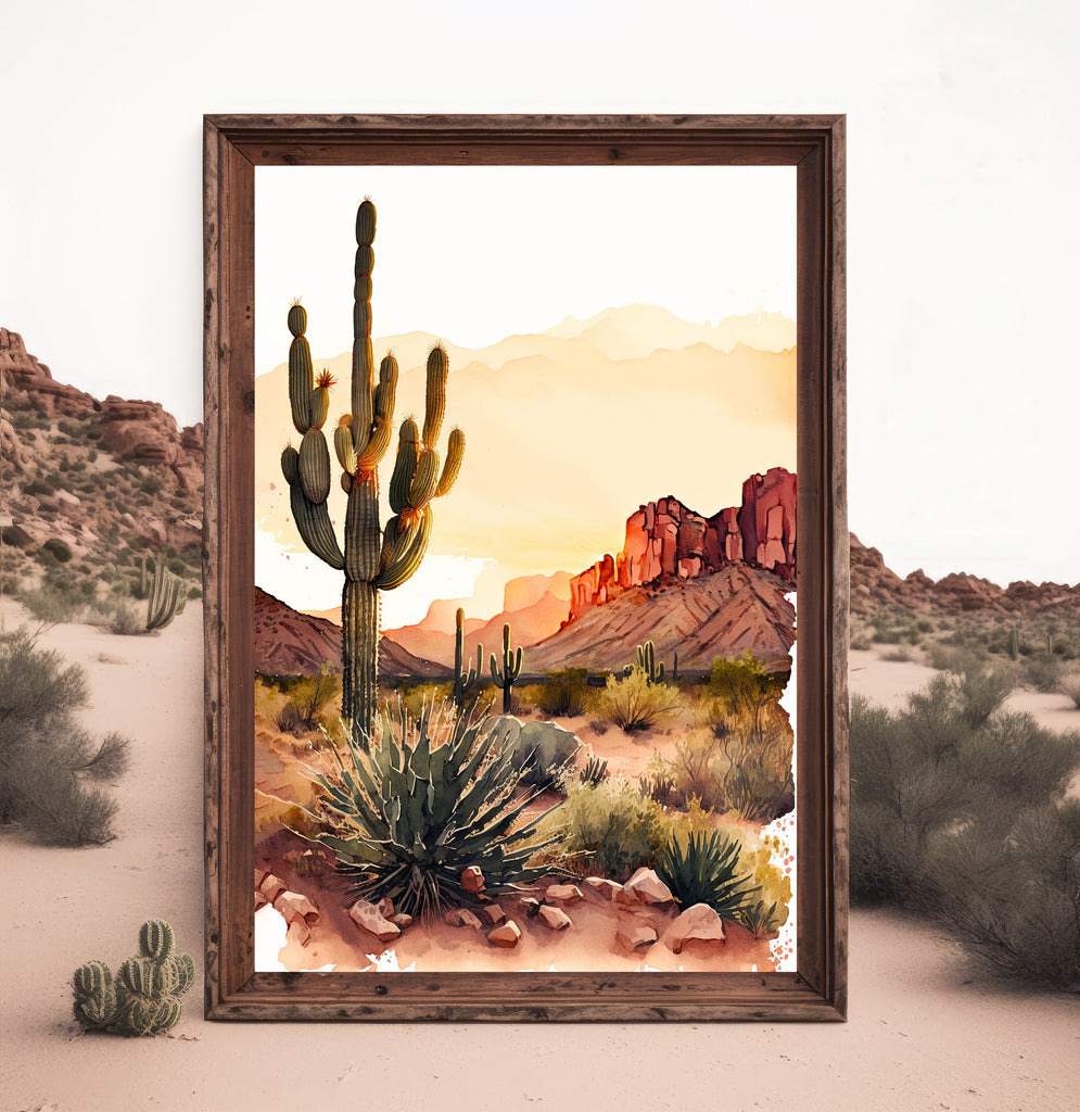 Desert Sunset Print Colorful Watercolor Wall Art Southwest Landscape Gift Saguaro Cactus Beautiful Nature Home Decor