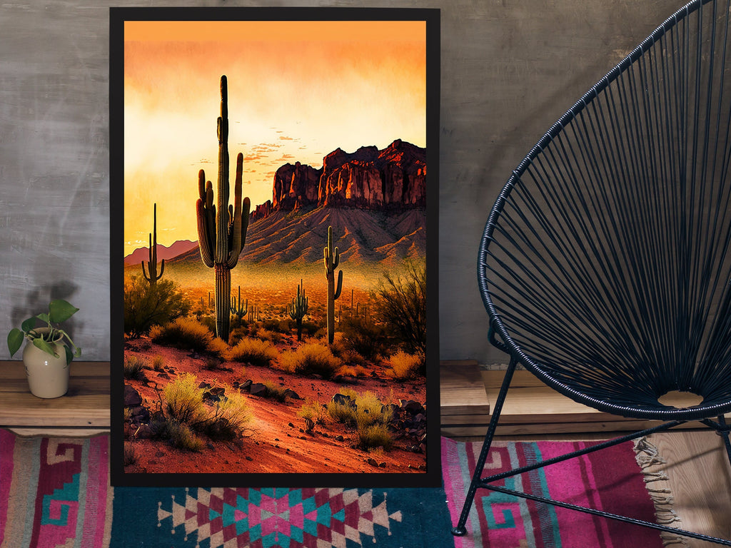 Desert Sunset Print Colorful Watercolor Superstition Mountains Wall Art Southwest Landscape Gift Saguaro Cactus Beautiful Nature Home Decor