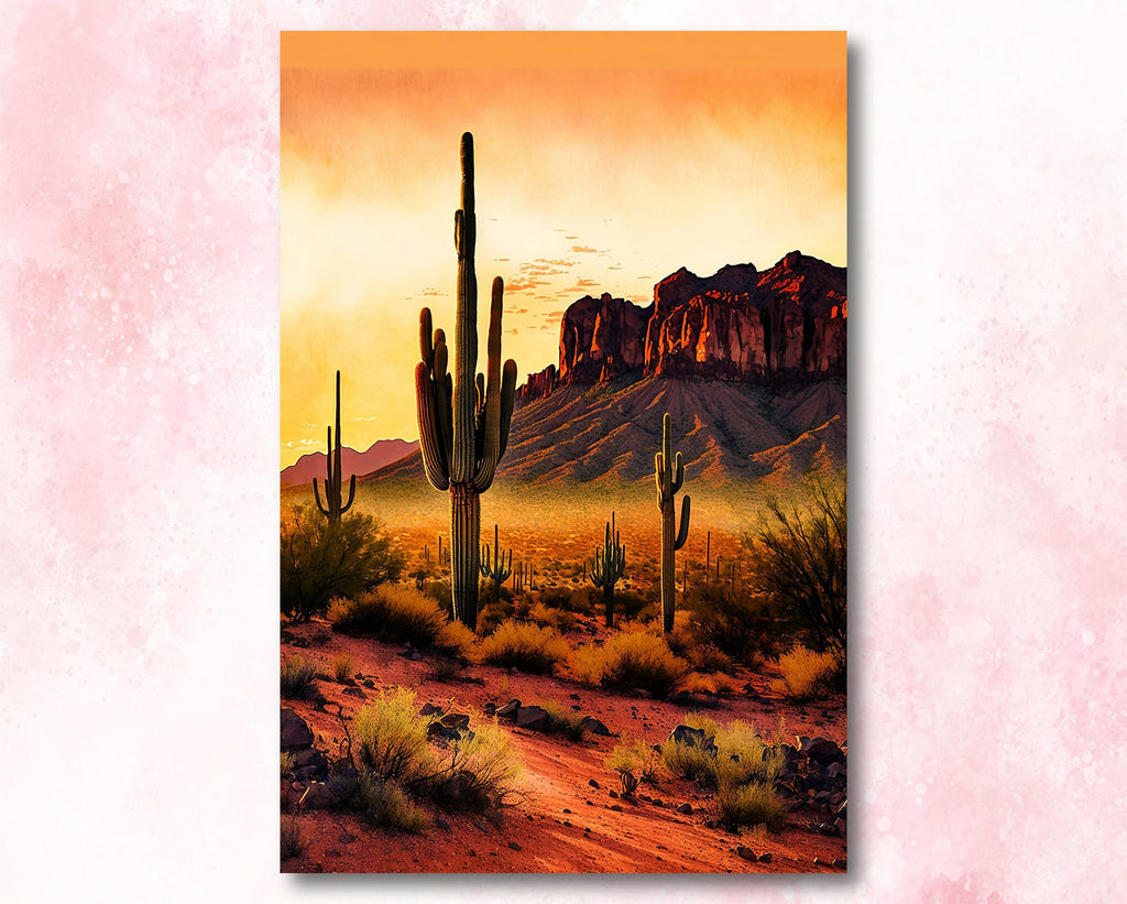 Desert Sunset Print Colorful Watercolor Superstition Mountains Wall Art Southwest Landscape Gift Saguaro Cactus Beautiful Nature Home Decor