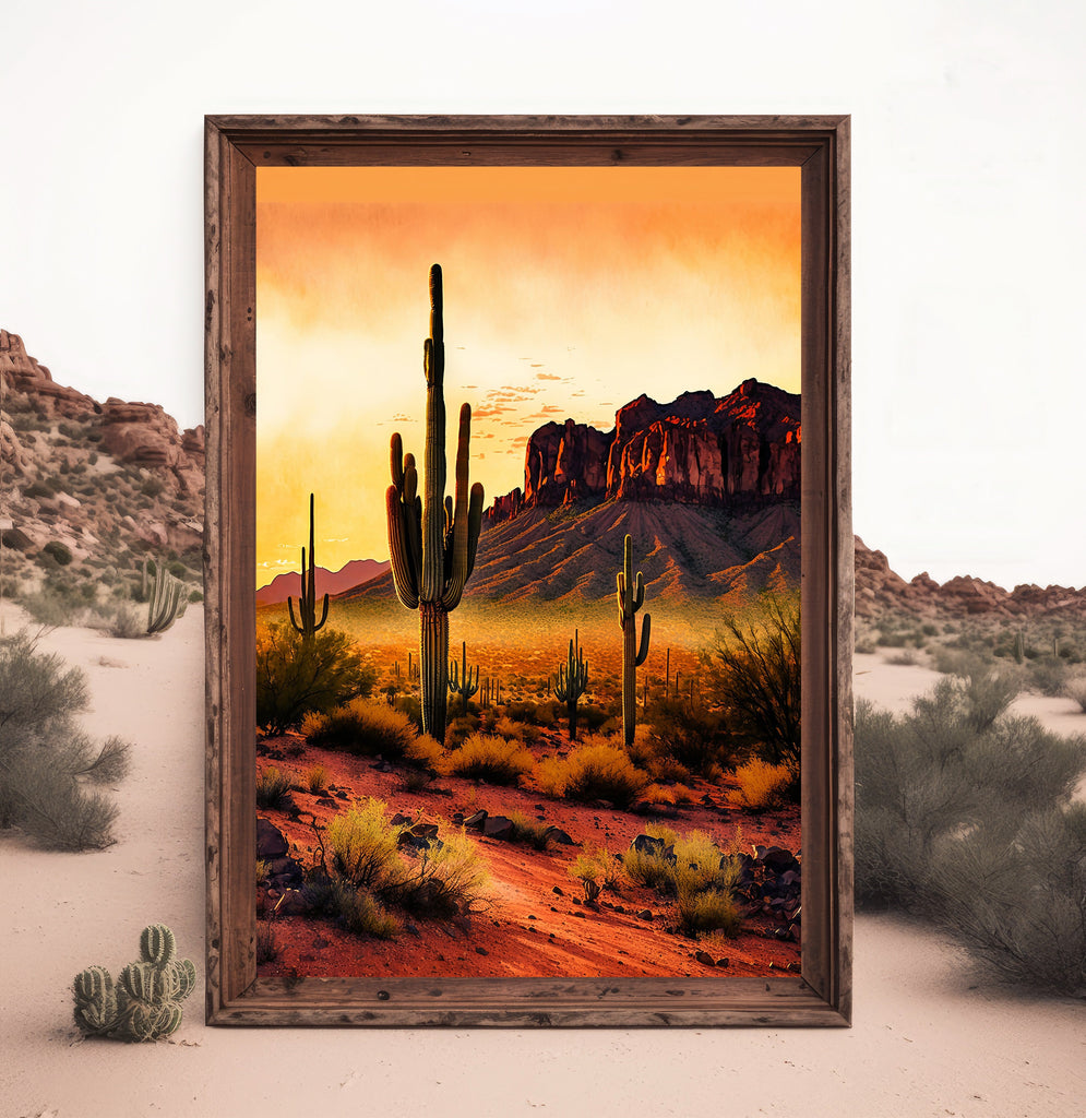 Desert Sunset Print Colorful Watercolor Superstition Mountains Wall Art Southwest Landscape Gift Saguaro Cactus Beautiful Nature Home Decor