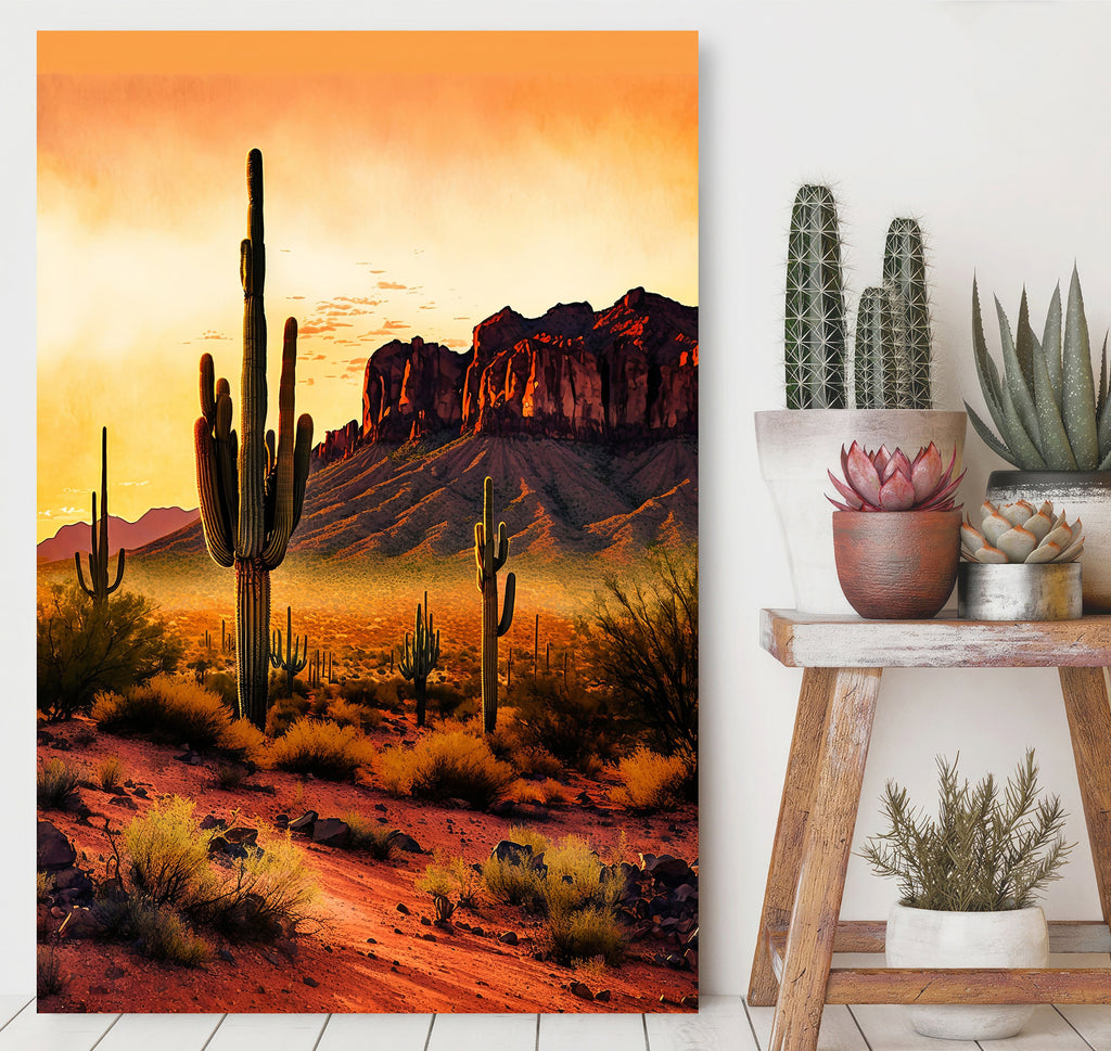 Desert Sunset Print Colorful Watercolor Superstition Mountains Wall Art Southwest Landscape Gift Saguaro Cactus Beautiful Nature Home Decor