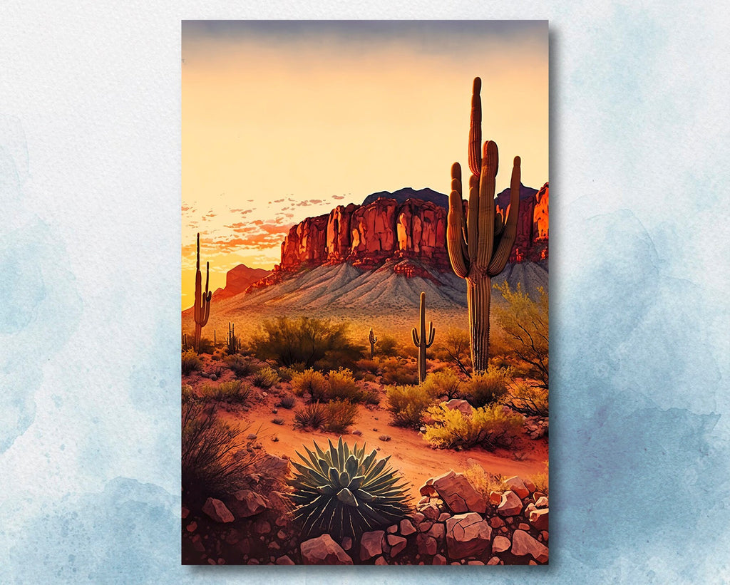 Desert Sunset Print Colorful Watercolor Superstition Mountains Wall Art Southwest Landscape Gift Saguaro Cactus Beautiful Nature Home Decor