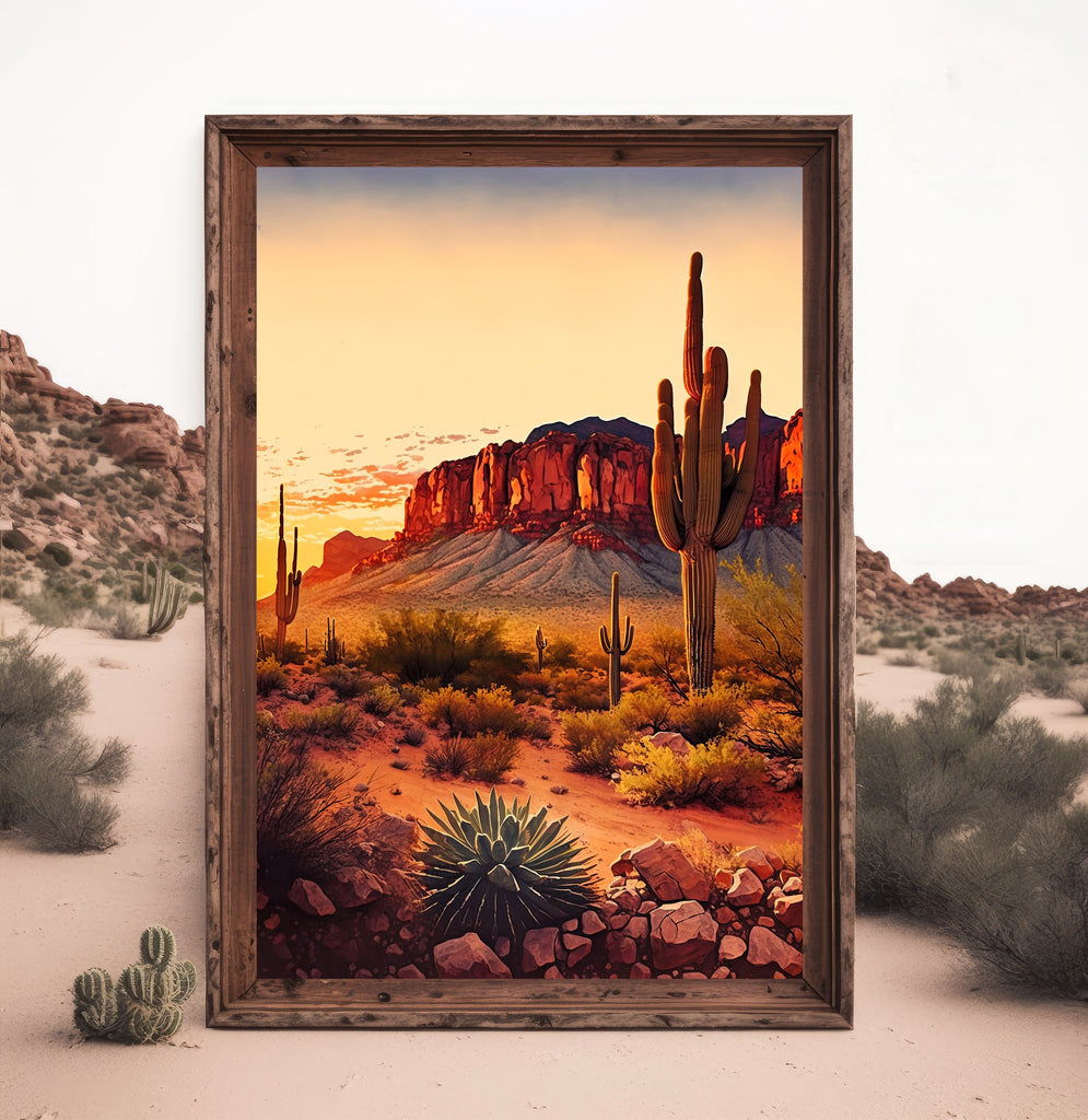 Desert Sunset Print Colorful Watercolor Superstition Mountains Wall Art Southwest Landscape Gift Saguaro Cactus Beautiful Nature Home Decor