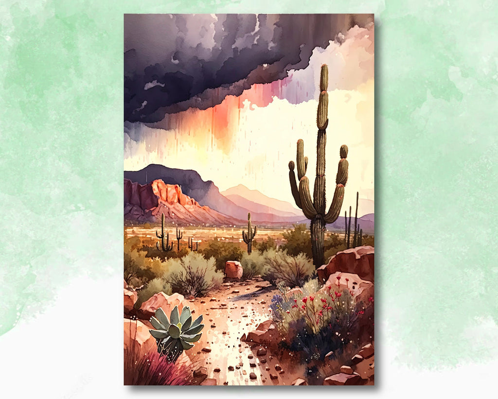 Desert Landscape Print Colorful Rainy Watercolor Wall Art Southwest Gift Saguaro Cactus Beautiful Nature Home Decor