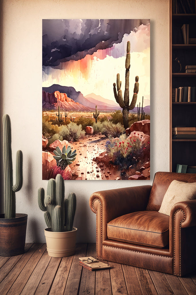 Desert Landscape Print Colorful Rainy Watercolor Wall Art Southwest Gift Saguaro Cactus Beautiful Nature Home Decor