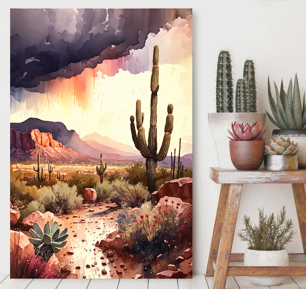 Desert Landscape Print Colorful Rainy Watercolor Wall Art Southwest Gift Saguaro Cactus Beautiful Nature Home Decor