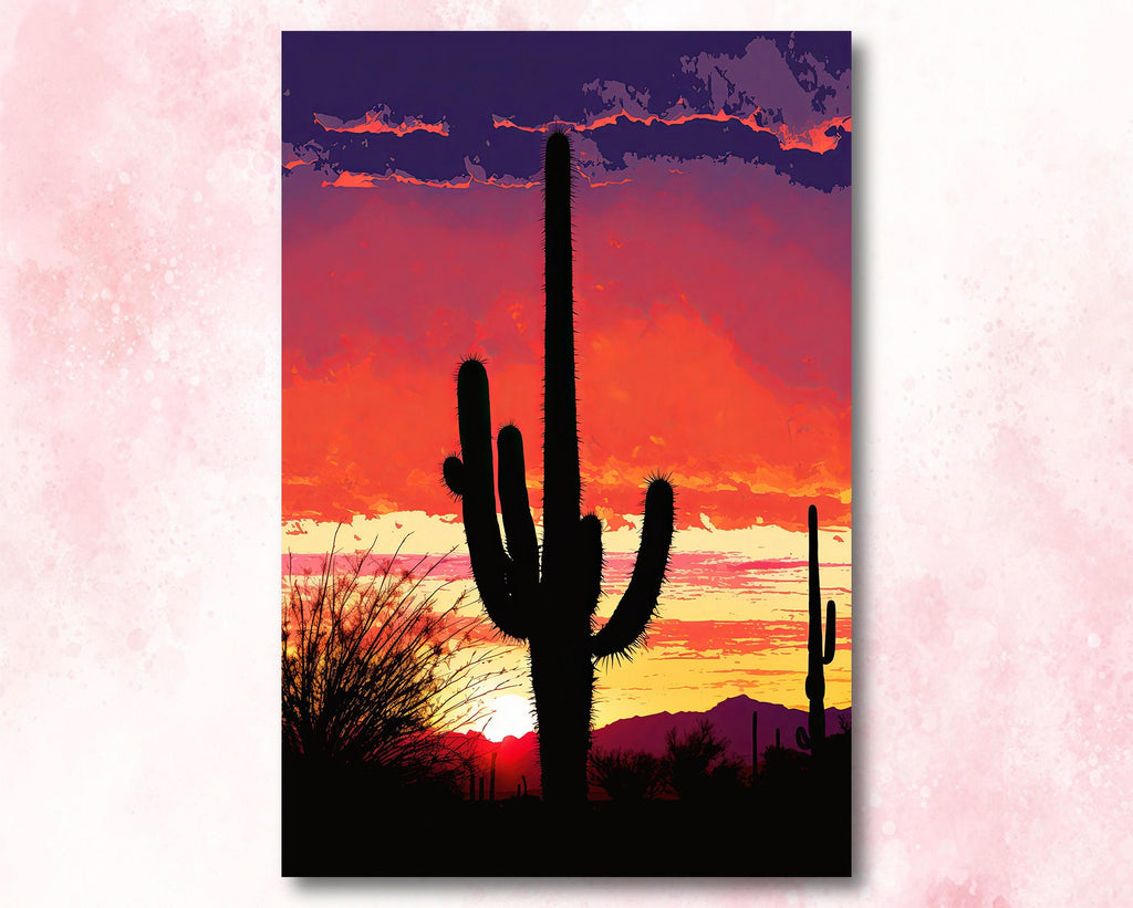 Desert Cactus Sunset Print Colorful Watercolor Wall Art Southwest Landscape Gift Saguaro Beautiful Nature Home Decor