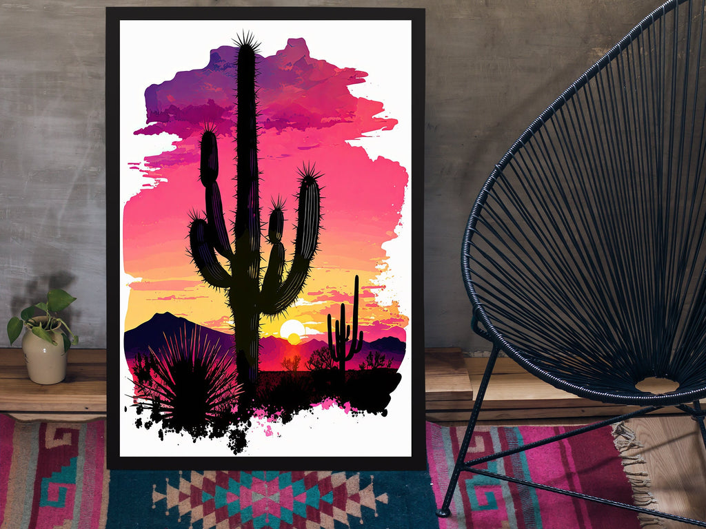 Desert Cactus Sunset Print Colorful Watercolor Wall Art Southwest Landscape Gift Saguaro Beautiful Nature Home Decor